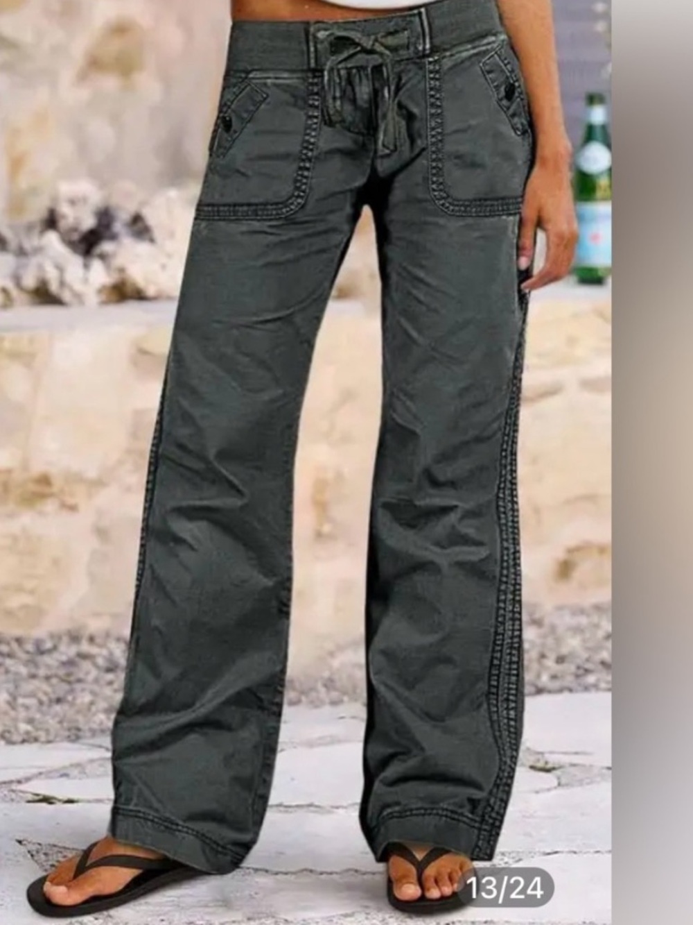 Flamingals Solid Seam Detail Drawstring Mid Rise Straight Leg Pants